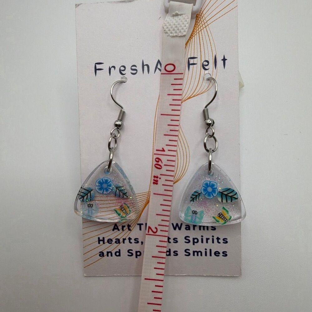 Fruit & butterfly sparkle Unique hand crafted Resin Stainless drop steel earring - Picture 3 of 3